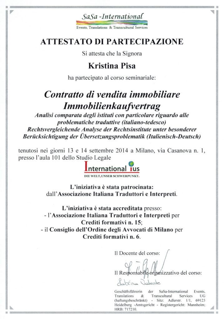 Contratto di vendita immobiliare, Milano 2014